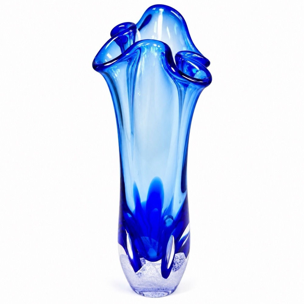 VTG Adam Jablonski Blue Crystal Art Glass Ruffled Vase Poland 9.5" Signed AJ